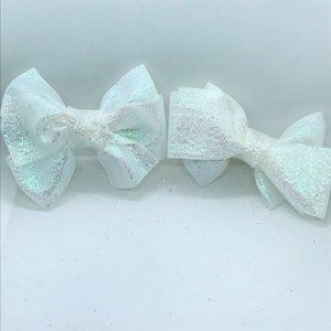 Handcrafted White Ribbon Glitter Bows 2pc